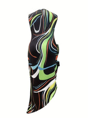  Sexy Dress Abstract Stripe Print Side Tie Bodycon Midi Dress