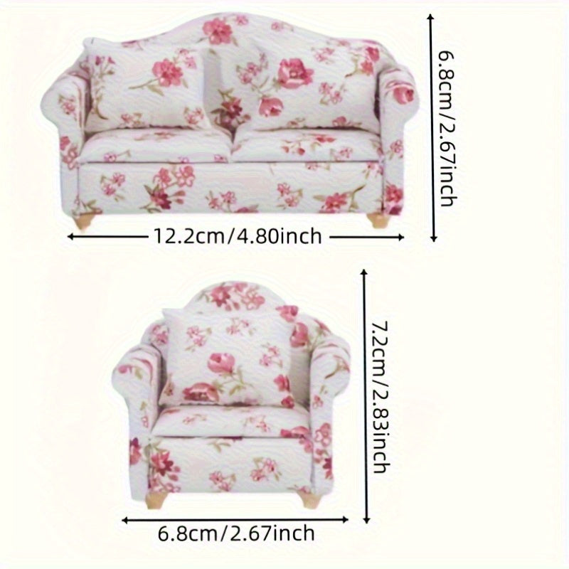 Pink Floral Mini Sofa Set with Cushions for Dollhouse