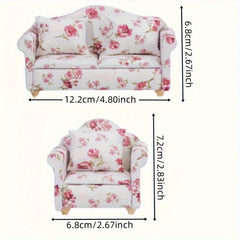 Pink Floral Mini Sofa Set with Cushions for Dollhouse
