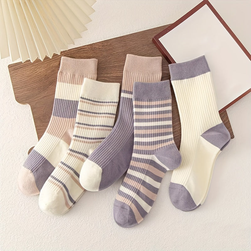5 Pairs Striped Crew Socks Breathable Mid Tube Stockings