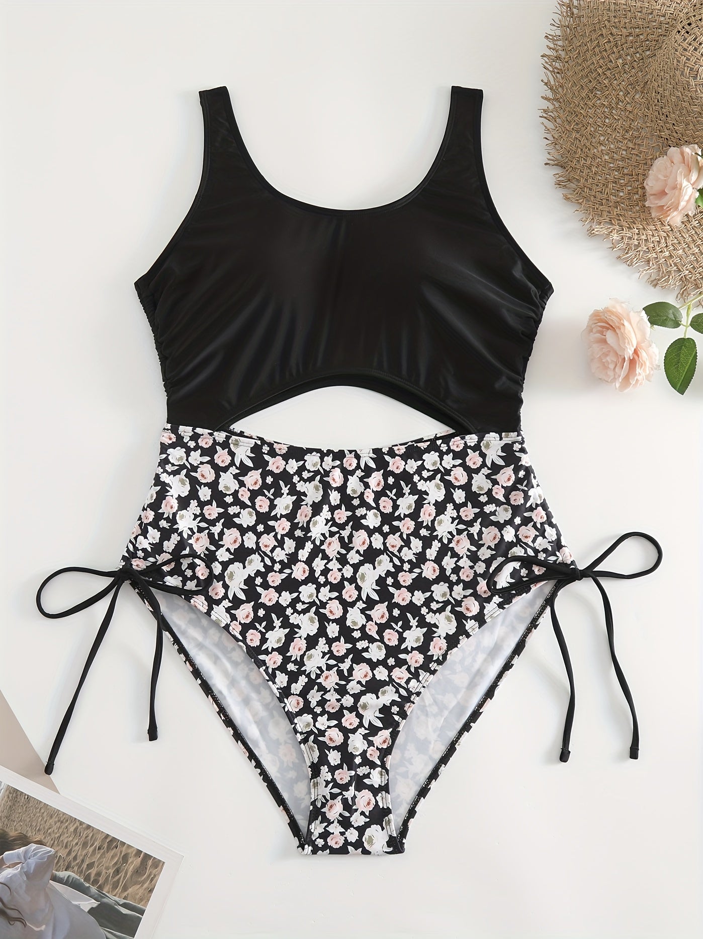  Colorblock Floral Print Lace Up Side One Piece Swimsuit