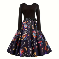  Gothic Dress Colorblock Funny Skull Print Long Sleeve Bow Front Swing