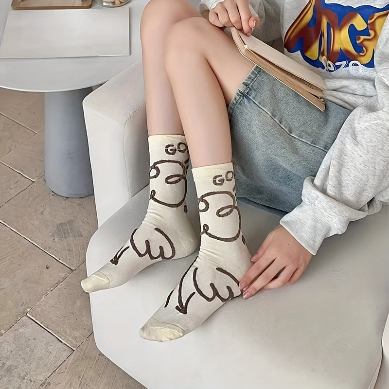 4 Pairs Graffiti Pattern Mid Tube Socks Women's Stockings & Hosiery