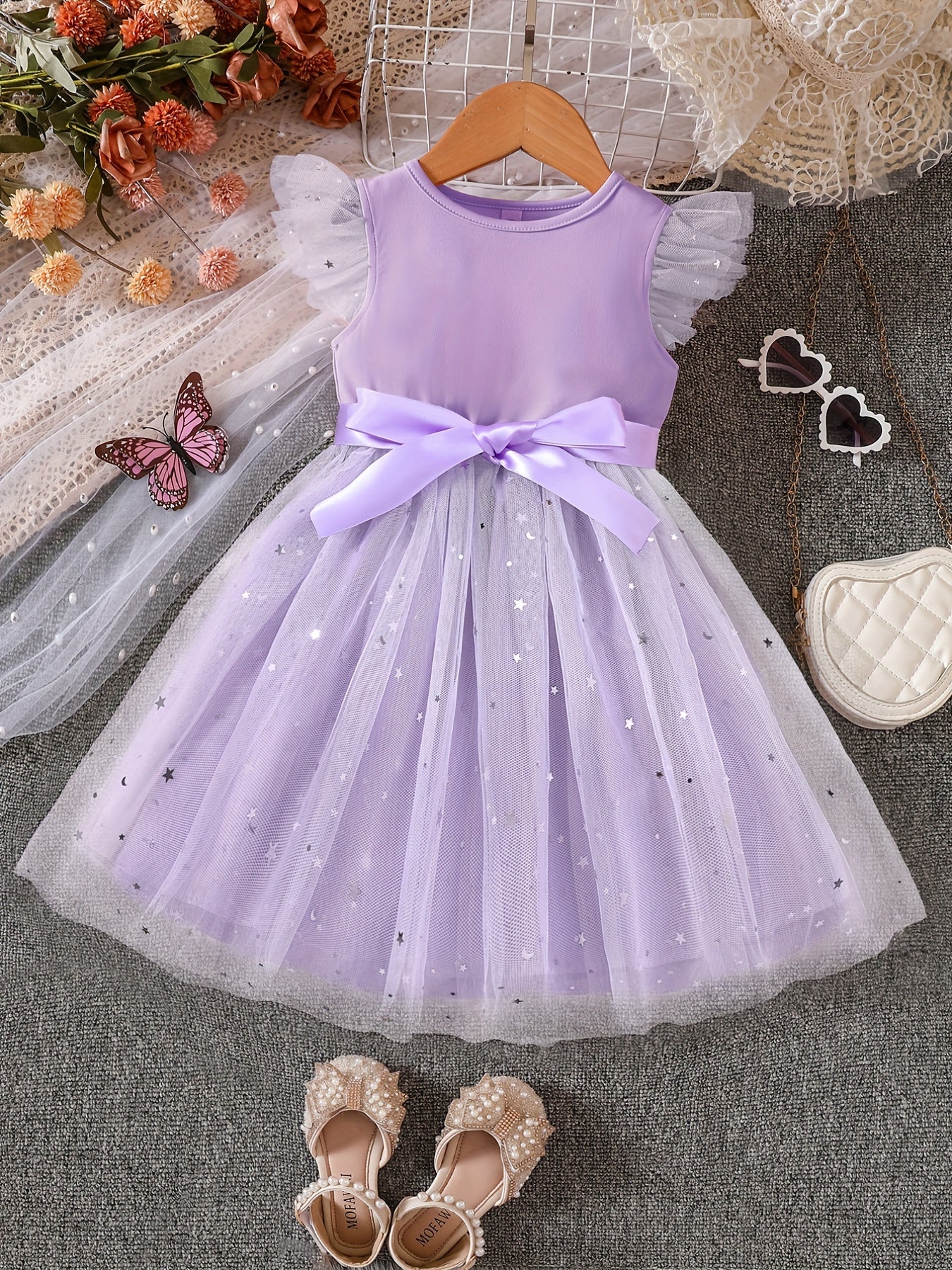 Girls Ruffled Sleeves Stars Mesh Princess Dress For Party
