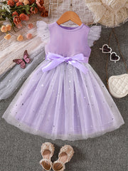 Girls Ruffled Sleeves Stars Mesh Princess Dress For Party
