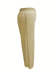  Solid Elastic Drawstring High Rise Wide Leg Trousers