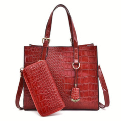 Crocodile Embossed Handbag With Pouch Large Tote Bag PU Leather Crossbody Bag