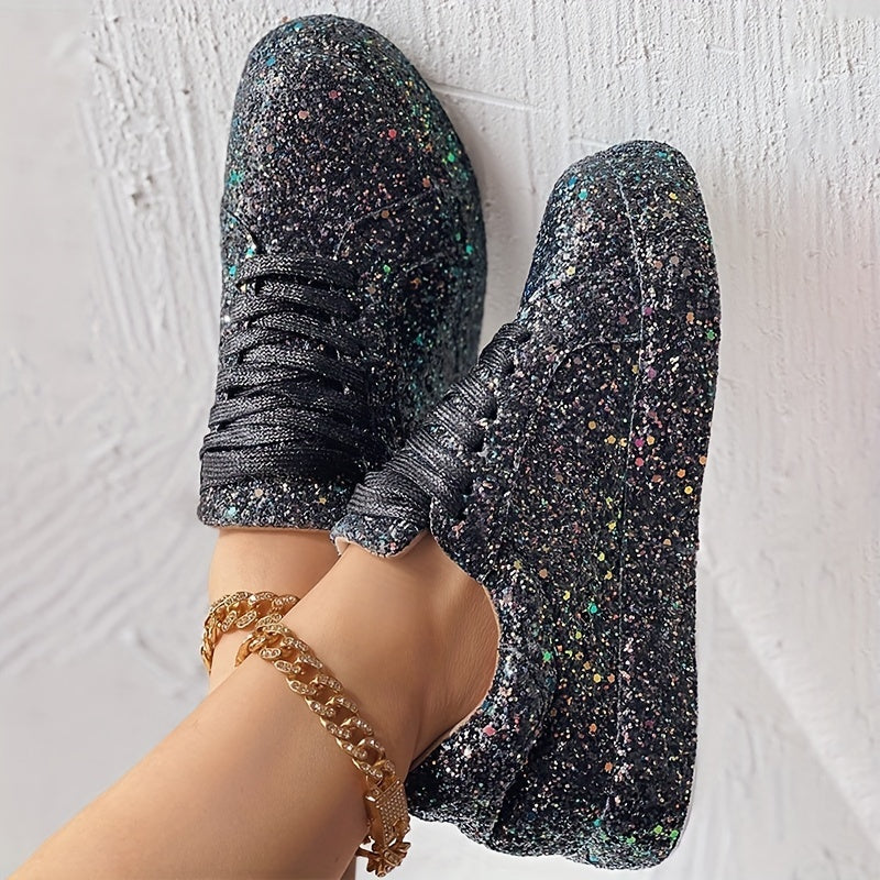 Women's Glitter Skateboard Sneakers Lace Up Comfort Non-slip Sneakers