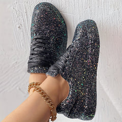 Women's Glitter Skateboard Sneakers Lace Up Comfort Non-slip Sneakers