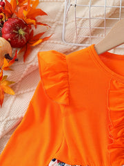 Pumpkin & Flowers Dress with Ruffle Trims Long Sleeves