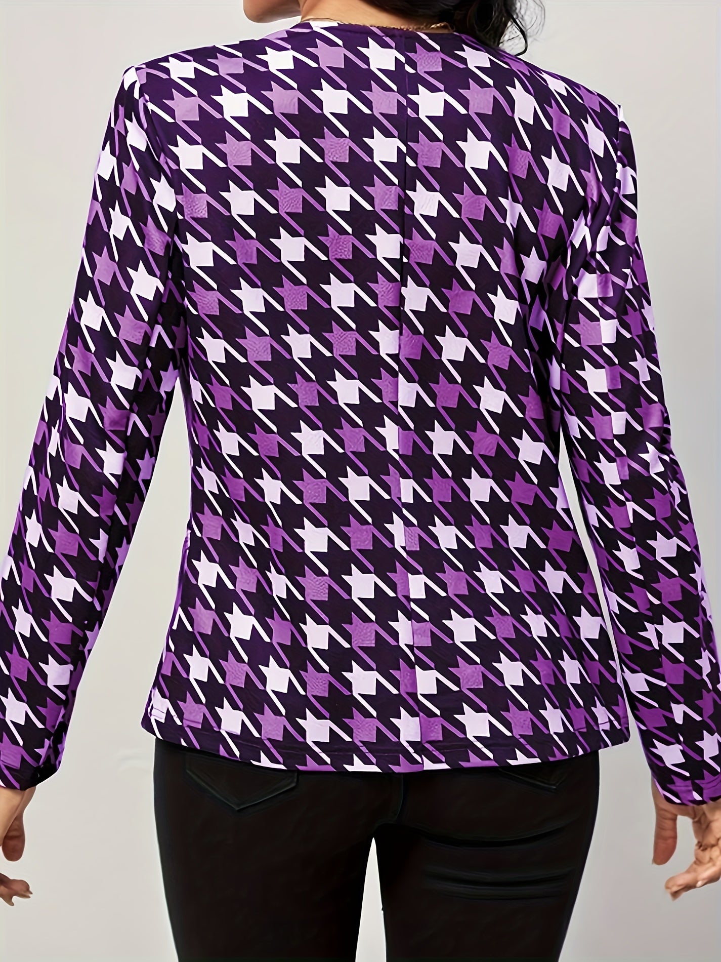  Houndstooth Print Open Front Blazer