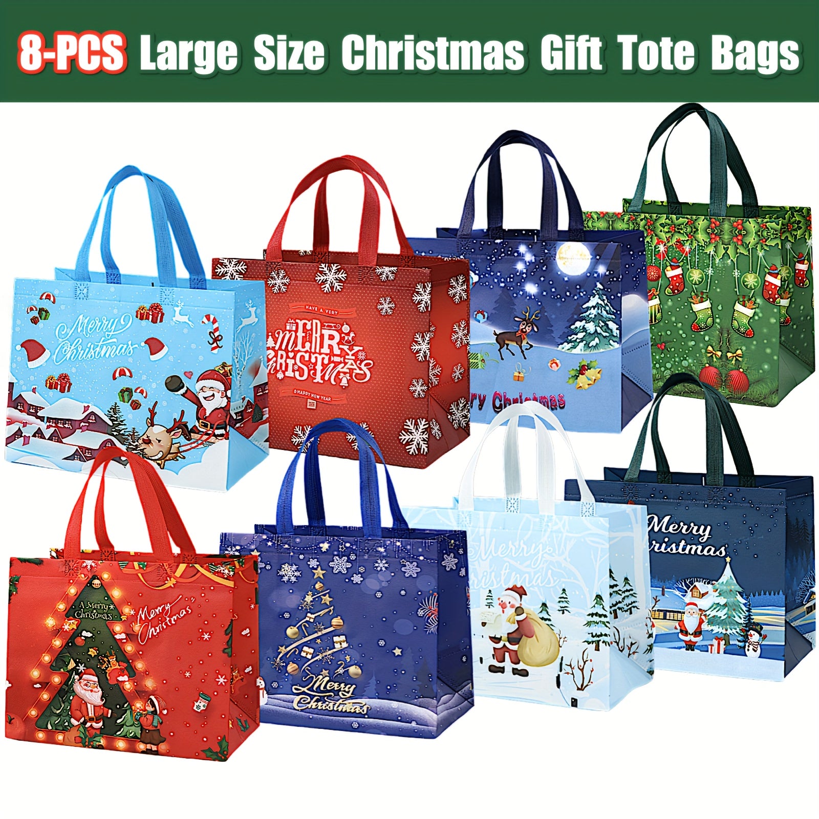 8pcs Christmas Gift Bags Reusable Grocery Bags Multifunctional Non Woven