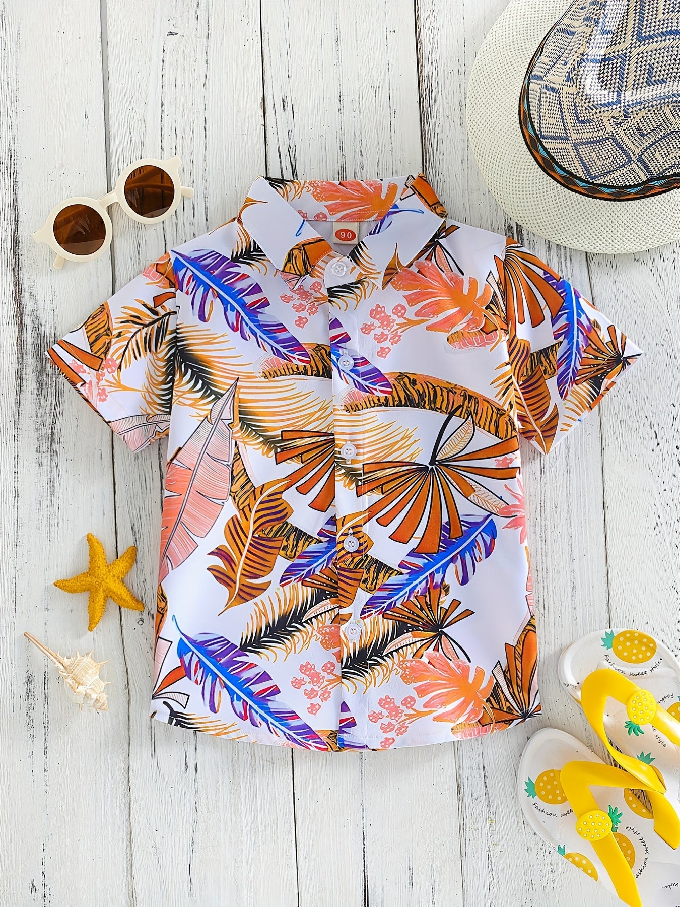 Boys Leaves Print Short Sleeves Shirt Hawaiian Style For Vacation Beach