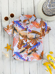 Boys Leaves Print Short Sleeves Shirt Hawaiian Style For Vacation Beach