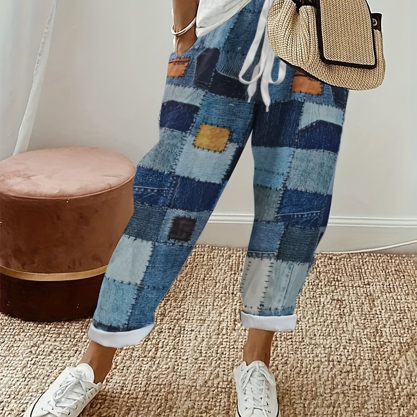  Denim Patchwork Print Straight Leg Tie Front Trousers