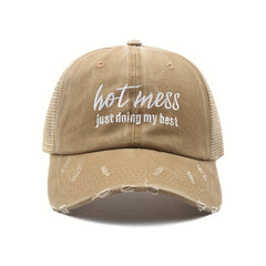Hot Mess Embroidered Baseball Cap Washed Hole Ponytail Cap