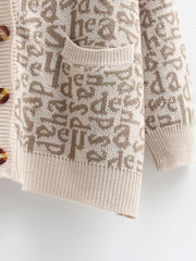  Letter Print Sweater Cardigan With Pockets