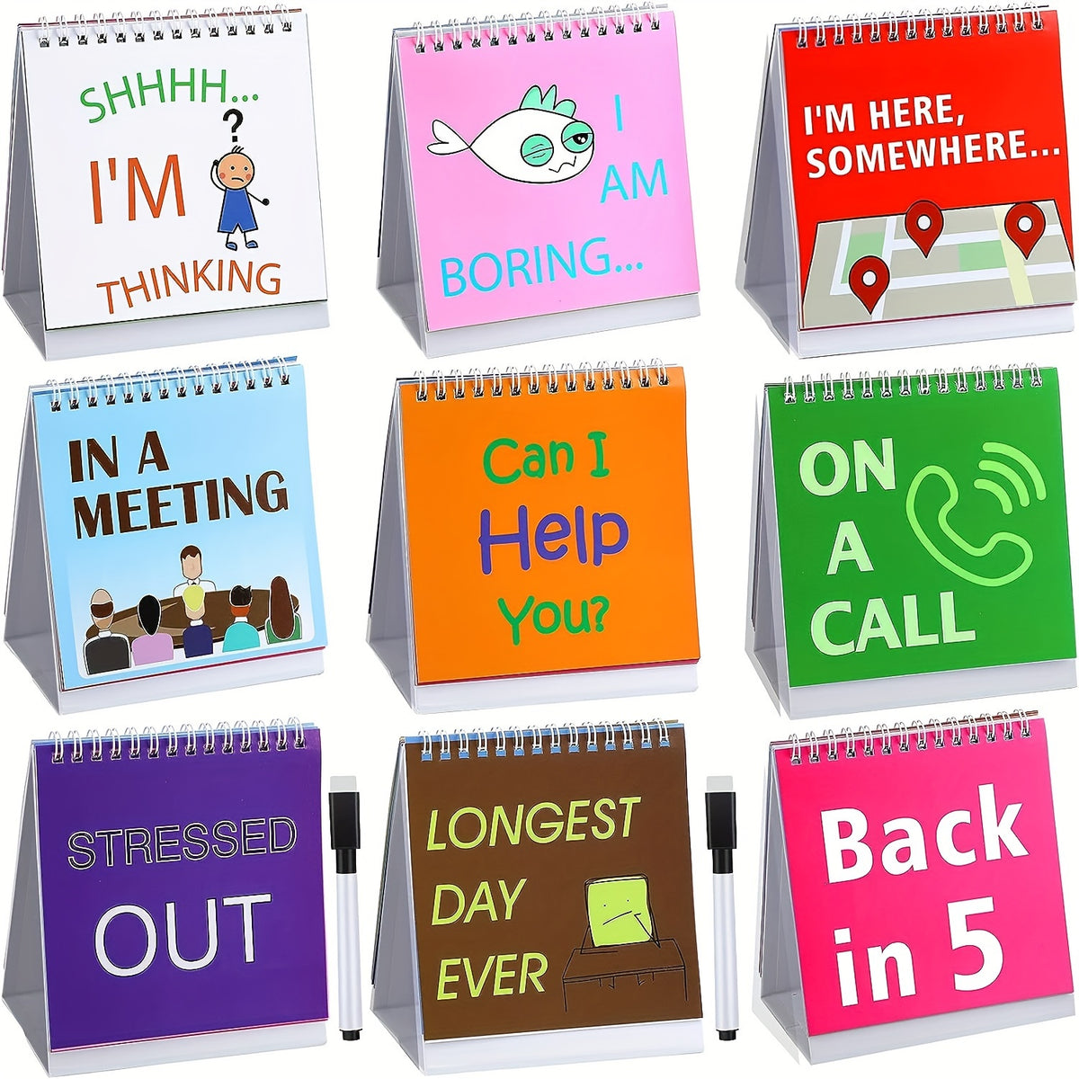 2 Funny Desk Office Signs with 30 Fun Messages, Calendar, 2 Pens