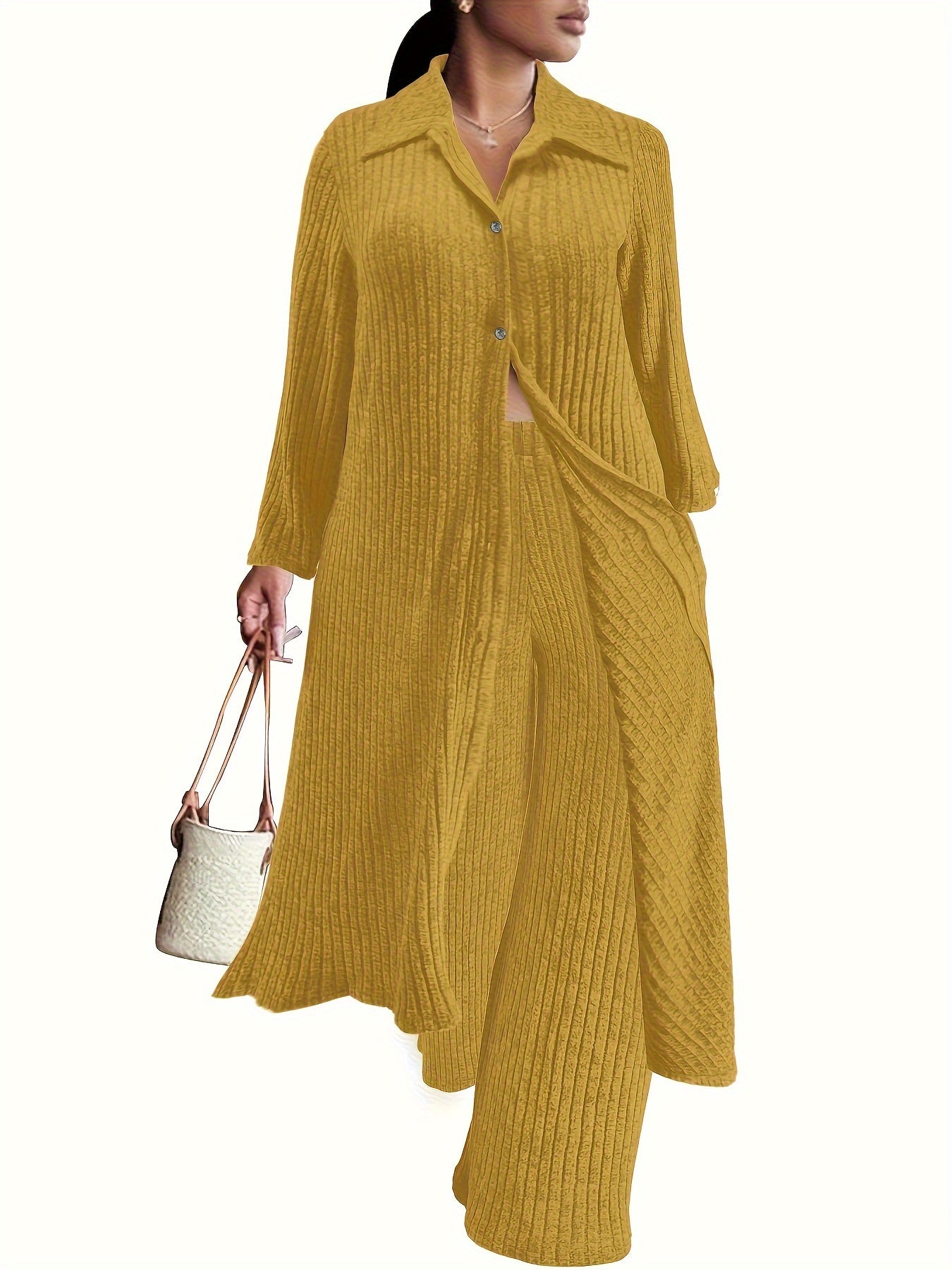  Ribbed Button Up Long Sleeve Polo Neck Blouse & Pants Set