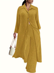  Ribbed Button Up Long Sleeve Polo Neck Blouse & Pants Set