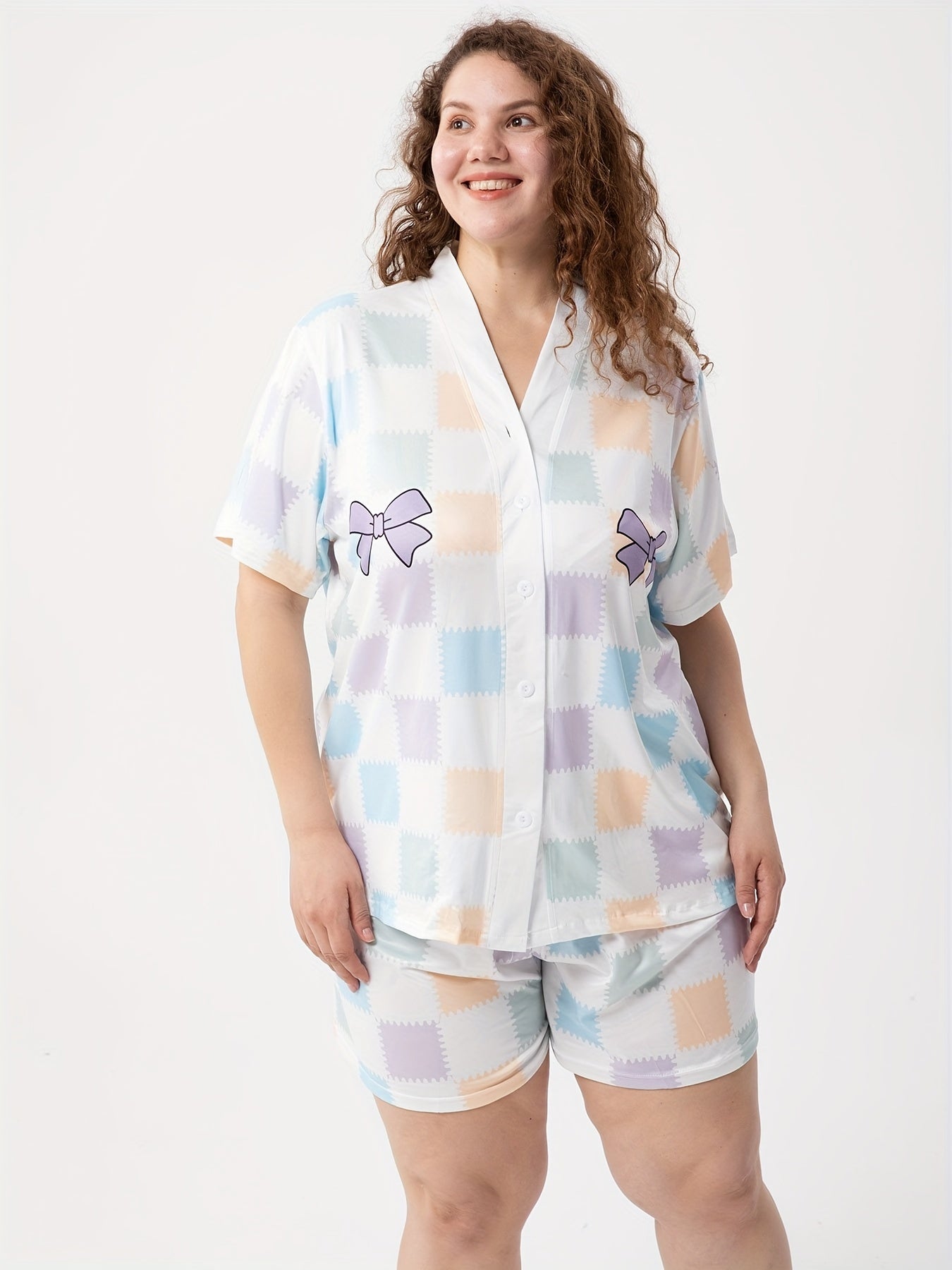  Colorful Plaid & Bow Knot Print Pajama Set