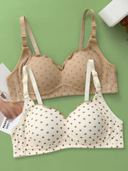 2pcs Girl's Polka Dot Print Push Up Thin Bras V Neck Adjustable Straps Bras