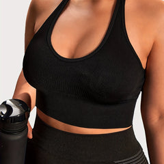  Ribbed Ring Decor Halter Neck Sports Bra