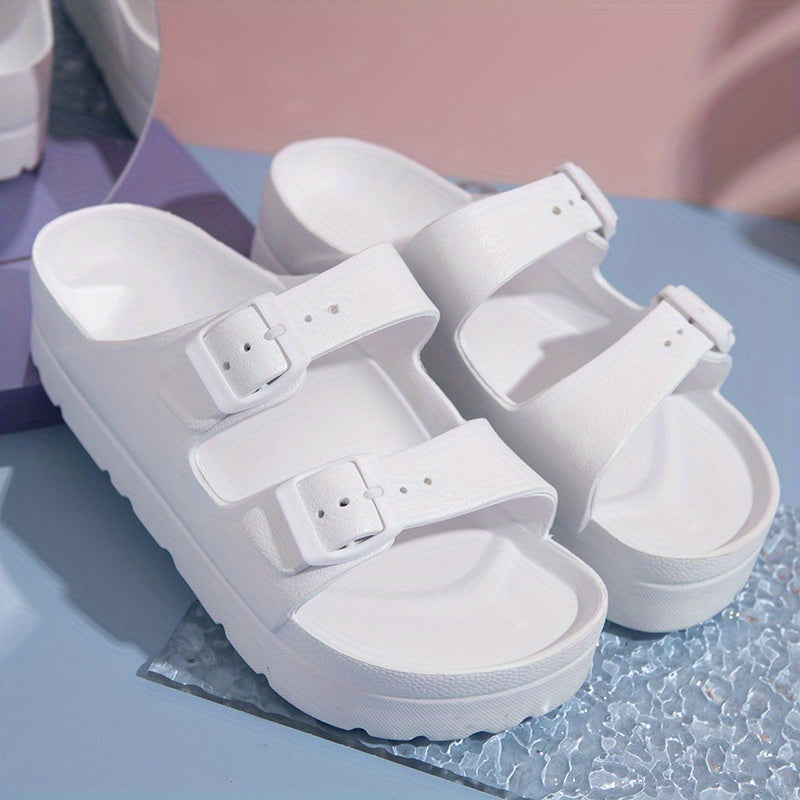 Women's Platform Footbed Sandals Double Buckle Slides Thick Bottom Slippers