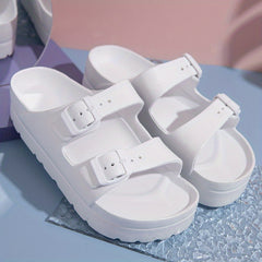 Women's Platform Footbed Sandals Double Buckle Slides Thick Bottom Slippers