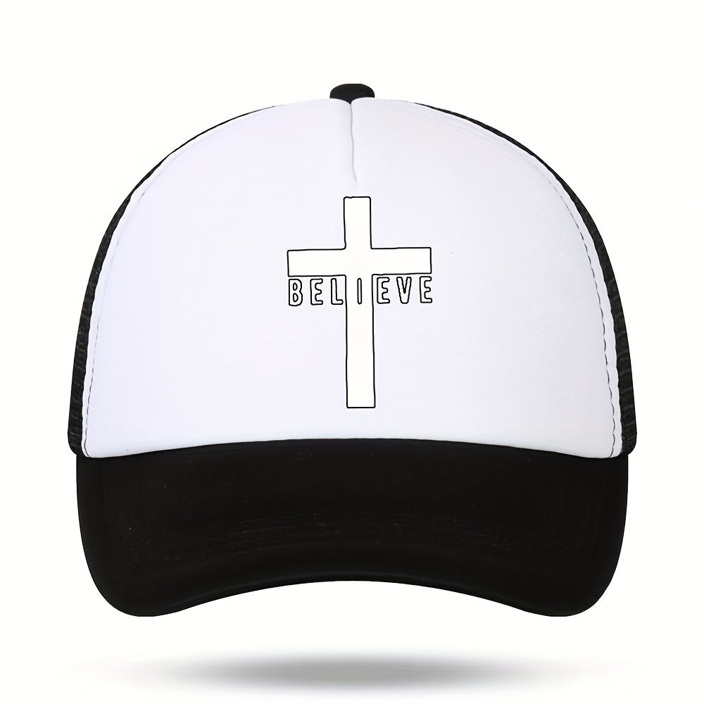Men's Cross Believe Print Outdoor Sun Hat Breathable Net Baseball Cap