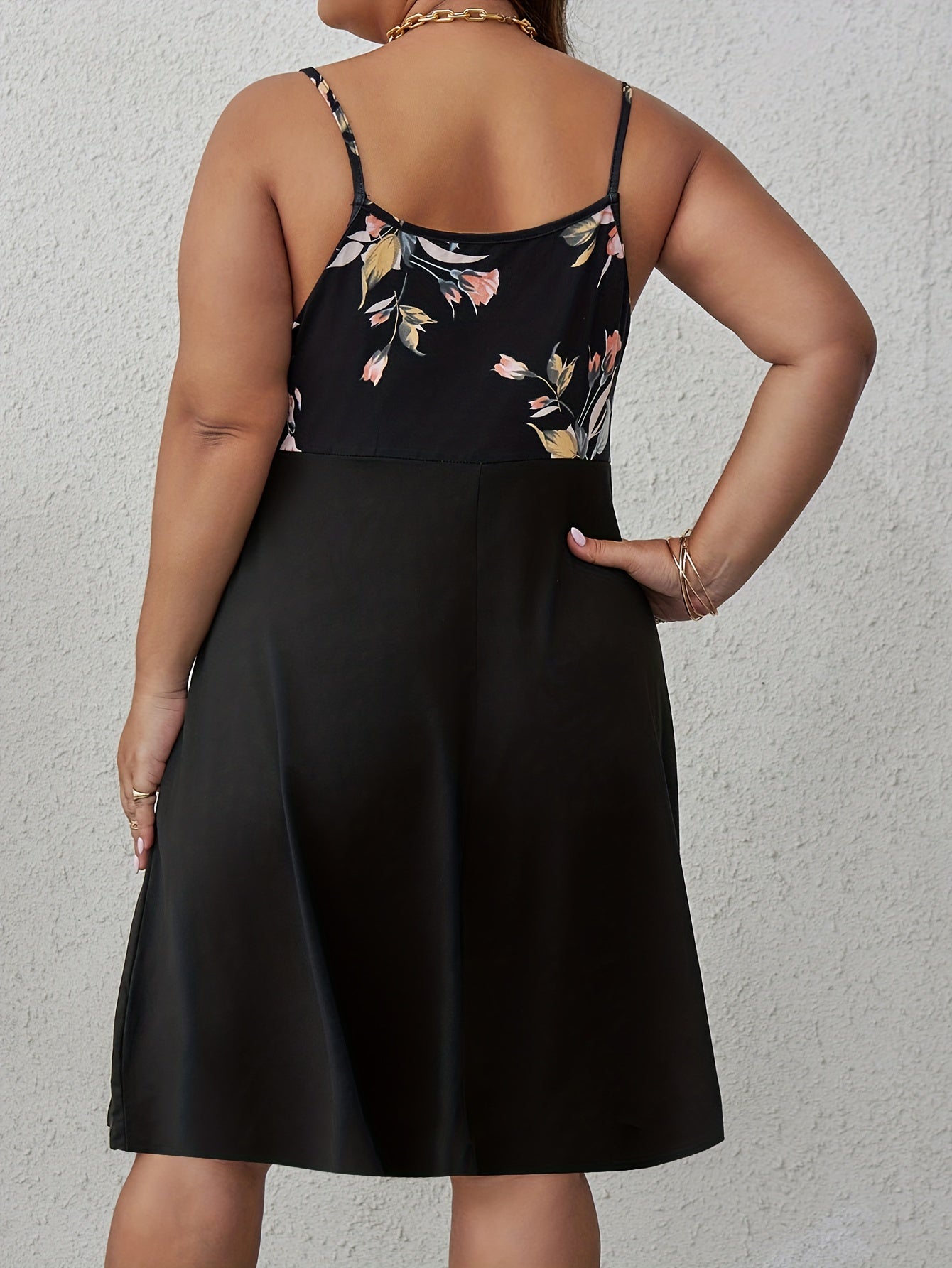  Colorblock Floral Print Twist Front V Neck Cami Dress