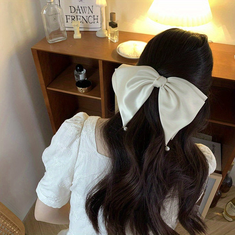 Large Satin Bow Hair Clip With Faux Pearl Tassel Style Barrette