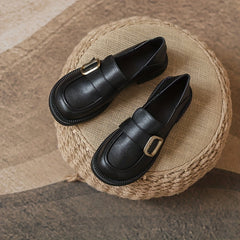 Chunky Heel Loafers Retro Buckle Faux Leather Shoes Comfortable Walking