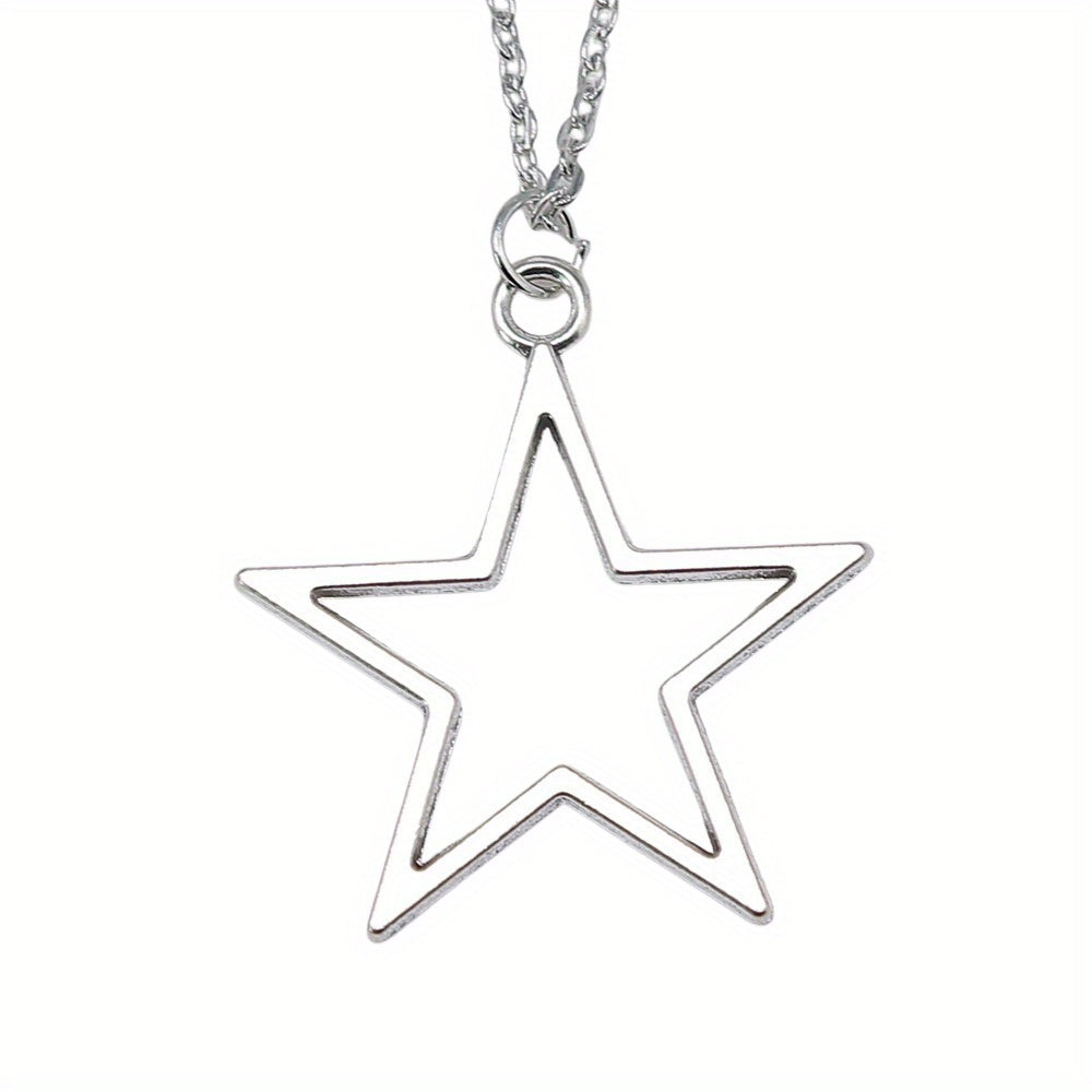 Silver Big Star Pendant Necklace 36x33mm Hollow Pentagram Geometric Chain