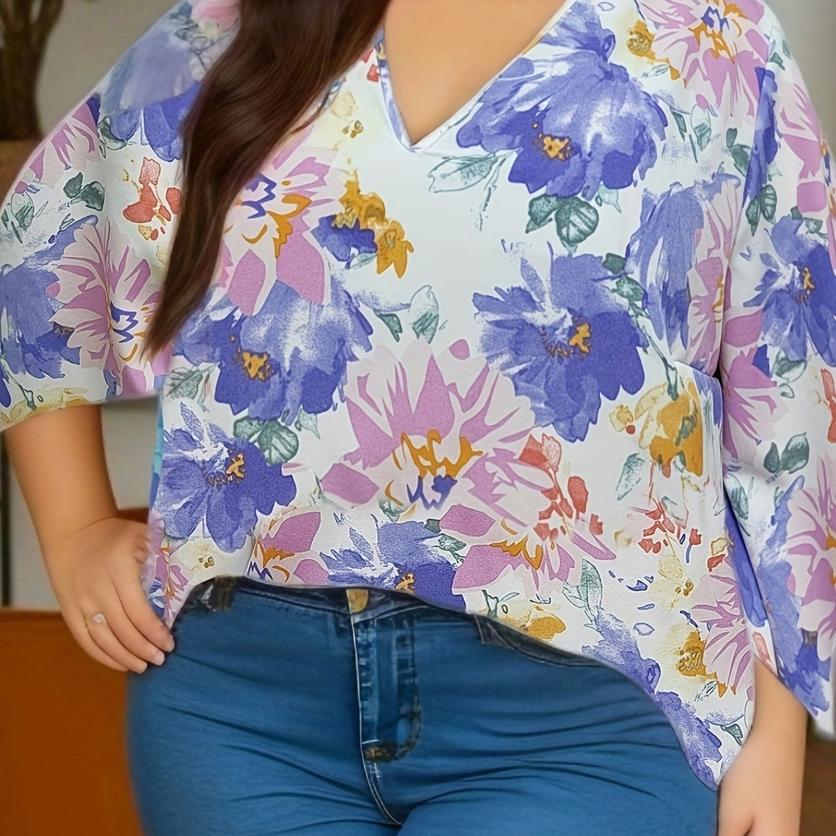  Floral Print Bell Sleeve Blouse