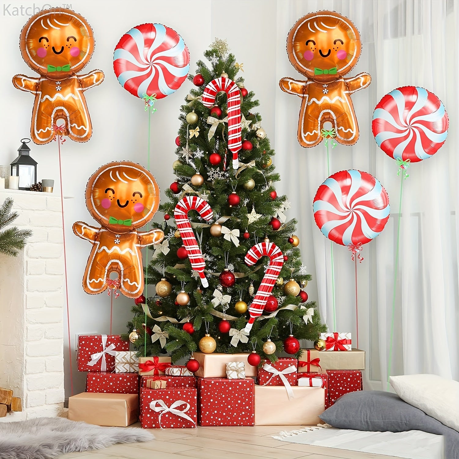 Red Gingerbread Person Crutches Round Sugar Balls Balloons Christmas Decorations