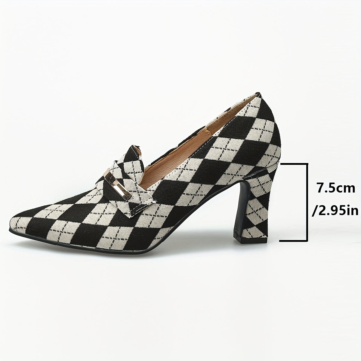 Women's Argyle Pattern Pumps Chunky Heels Slip On