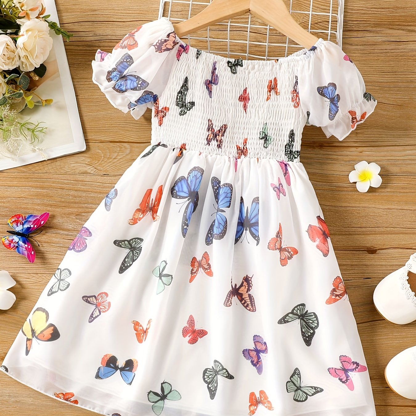 Girls' Butterfly Print Square Neck Smocked Dress