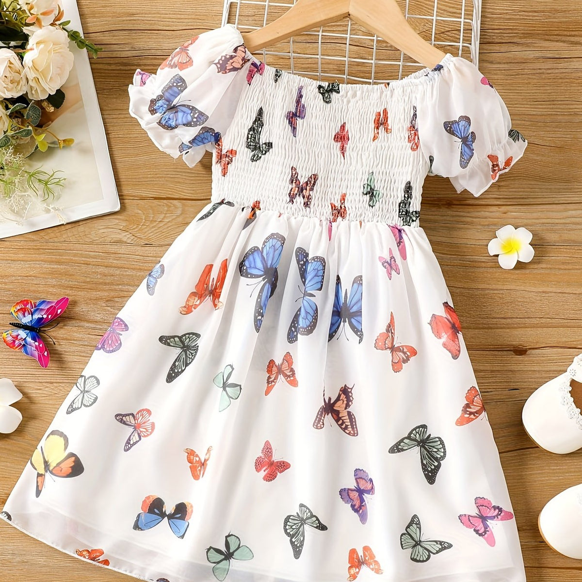 Girls' Butterfly Print Square Neck Smocked Dress