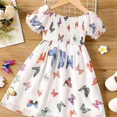 Girls' Butterfly Print Square Neck Smocked Dress