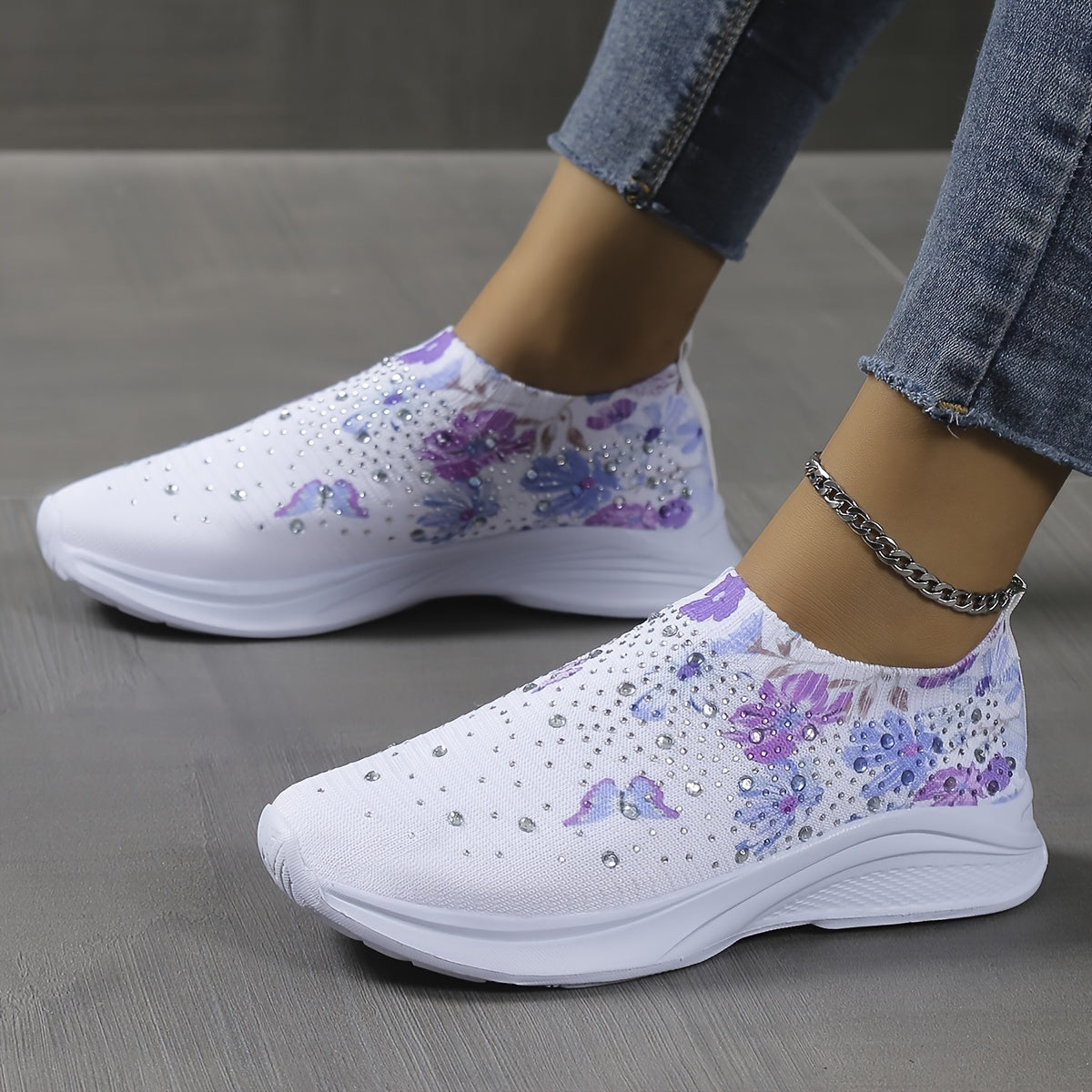 Women's Rhinestone Knit Sneakers Butterfly Pattern Slip On Shoes