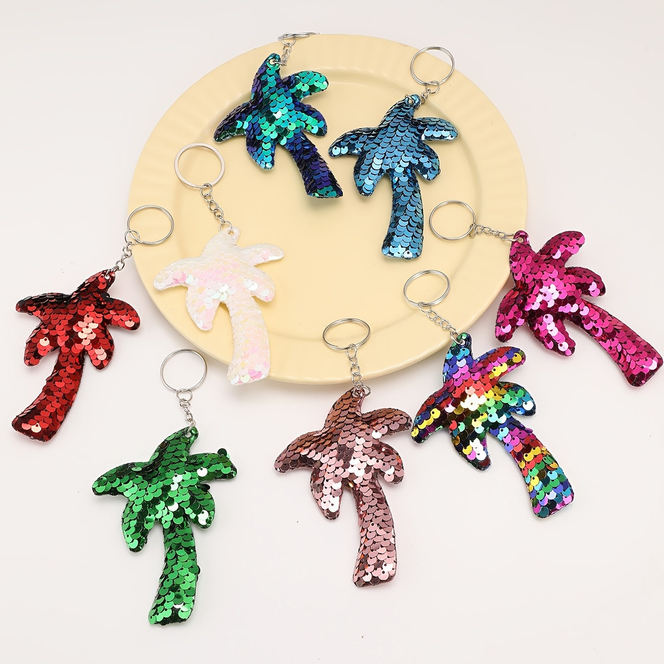 8pcs Coconut Tree Keychain Sequin Pendant Cartoon Bag Key Chain Keyring