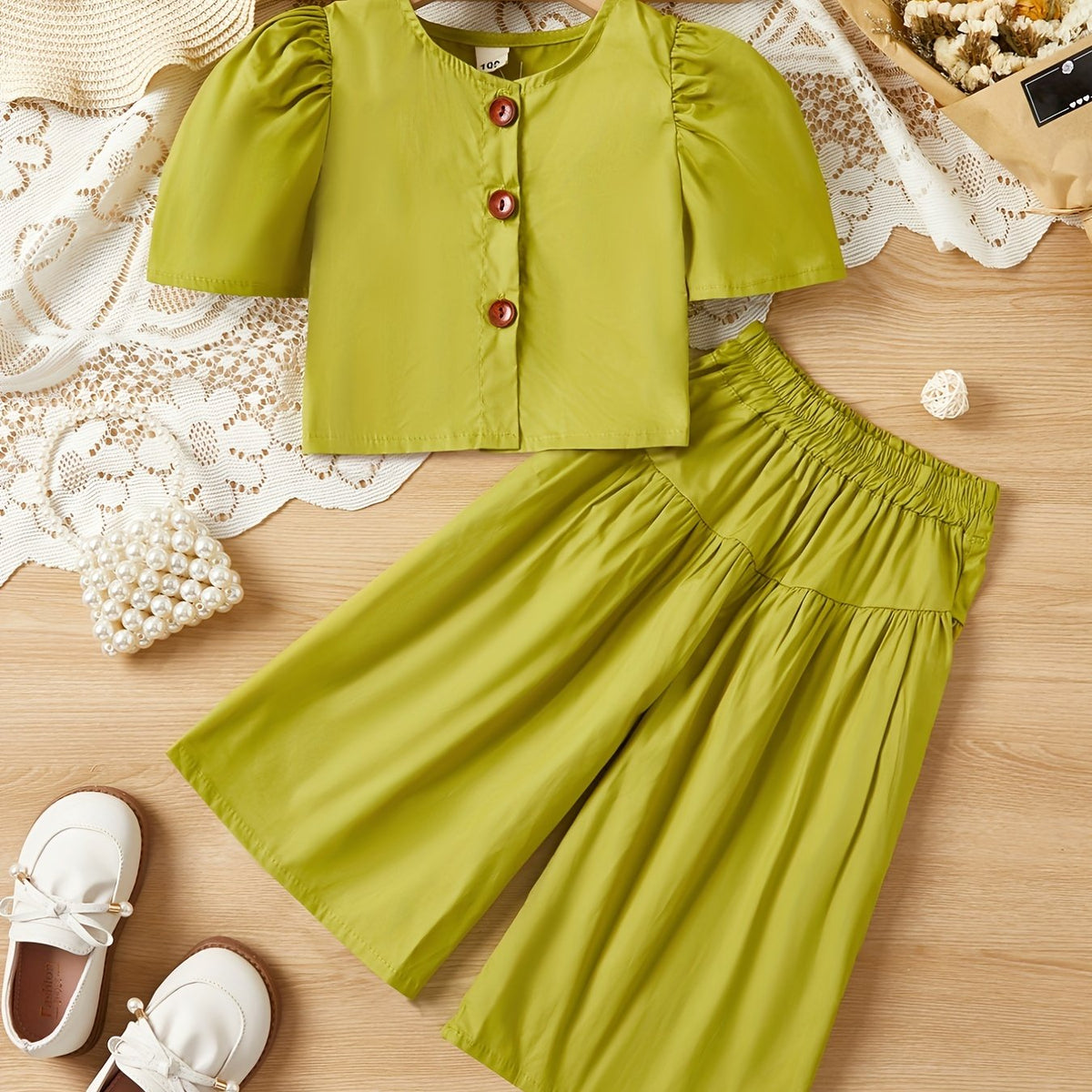 Girls Short Sleeve Cropped Top & Elastic Waist Pants Set