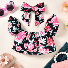 2pcs Baby Girls Floral Off Shoulder Top & Headband Set