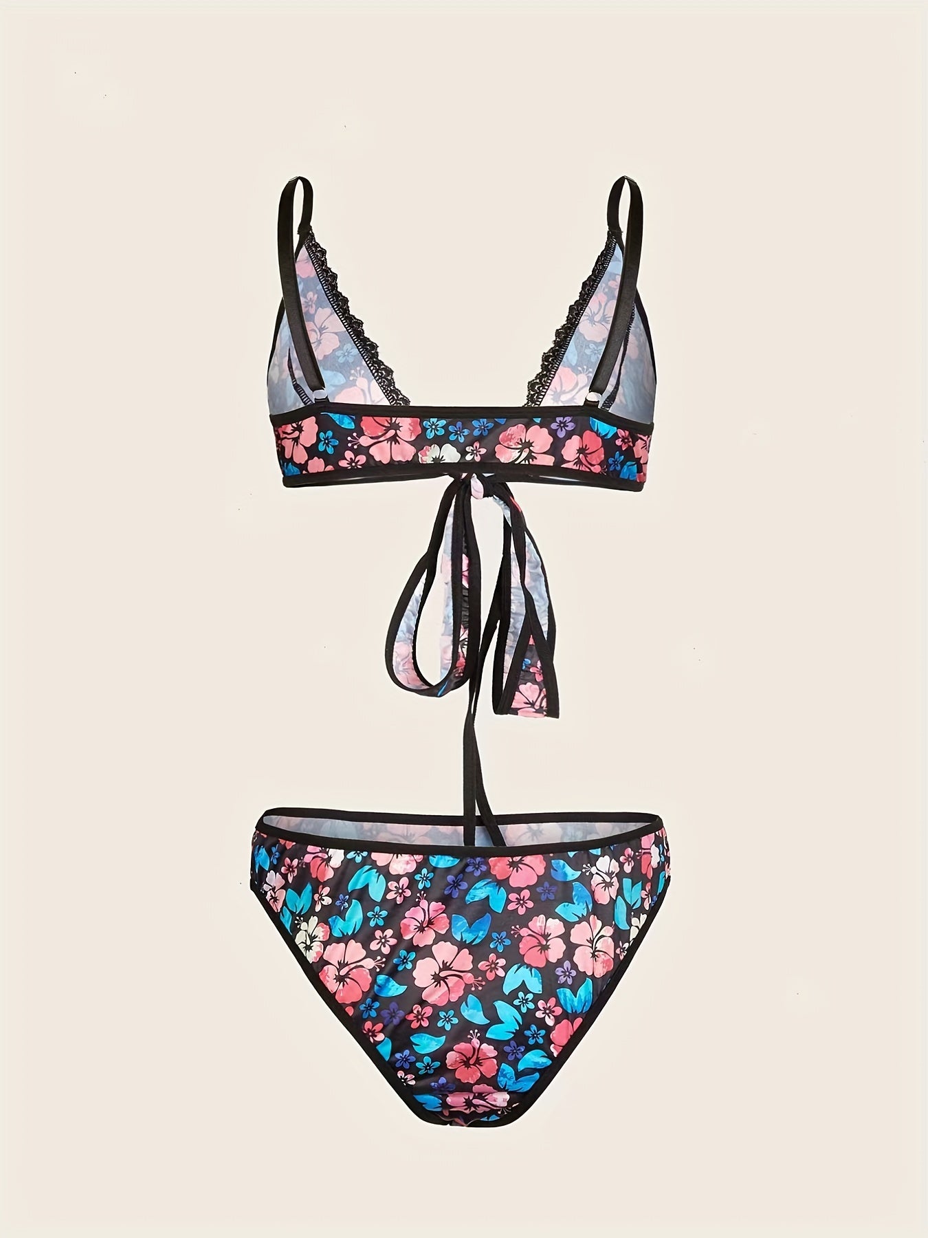 Floral Print Criss Cross Tie Back Bra & Brief 2pcs Set