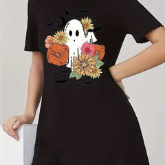  Ghost & Floral Print Short Sleeve Round Neck Tee Dress