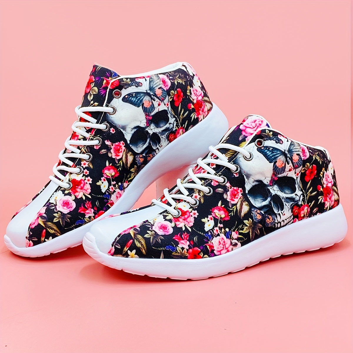 Halloween Flower & Skull High Top Running Shoes Lightweight Breathable Sneakers