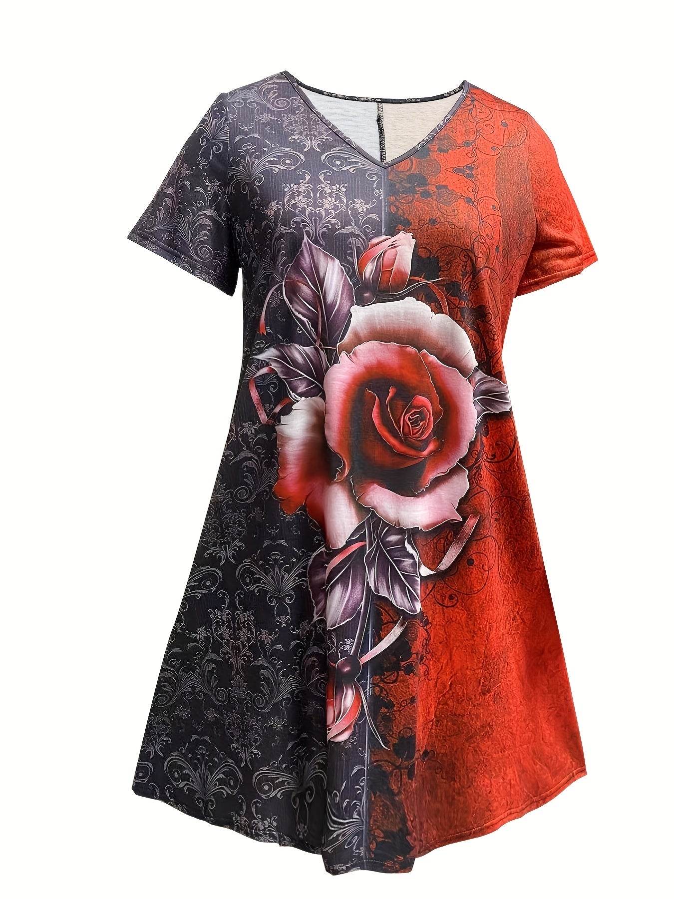  Colorblock Rose Print Short Sleeve V Neck Dress