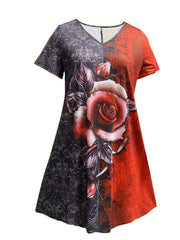  Colorblock Rose Print Short Sleeve V Neck Dress