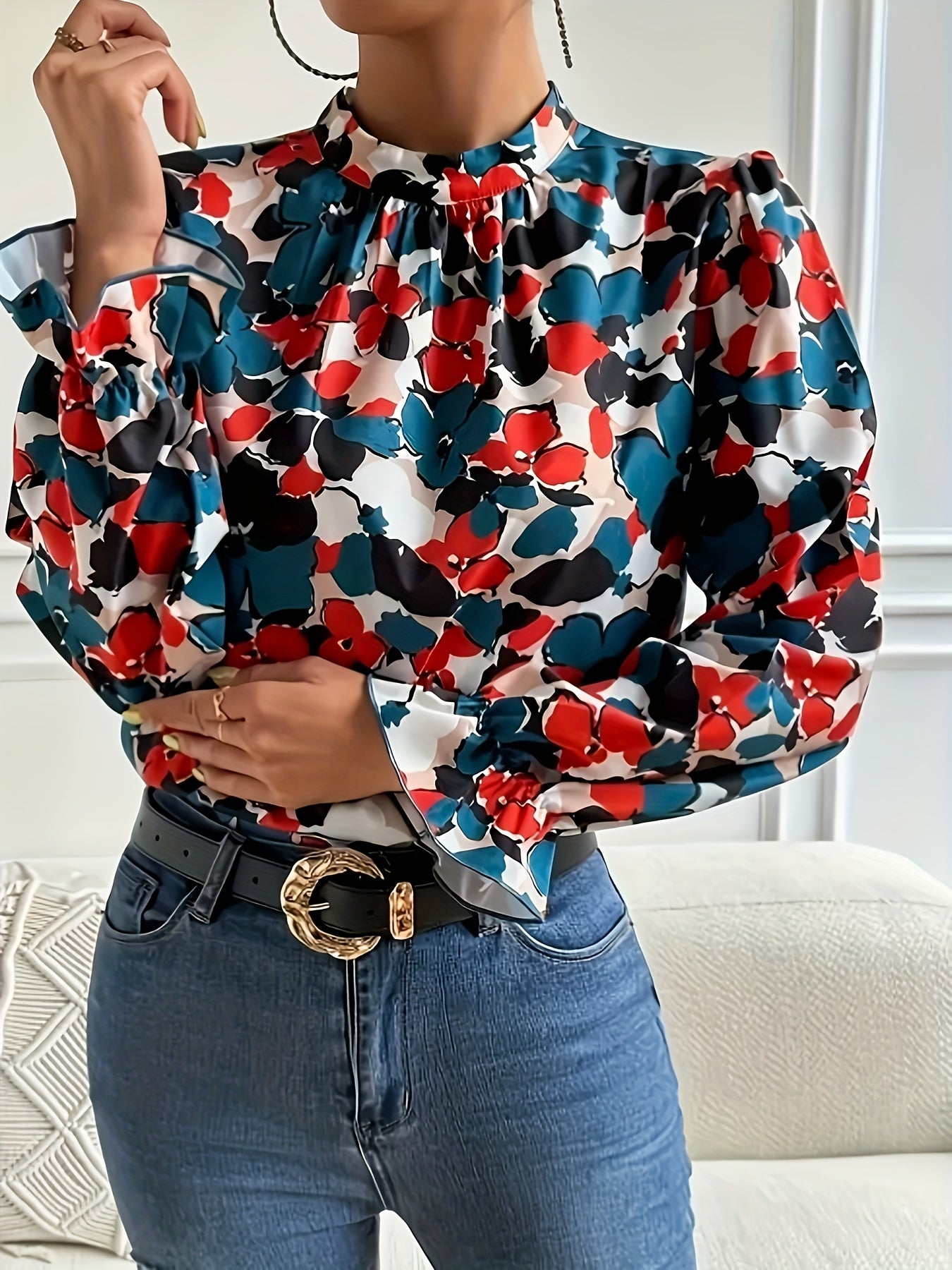  Women's Floral Print Lantern Sleeve Blouse
